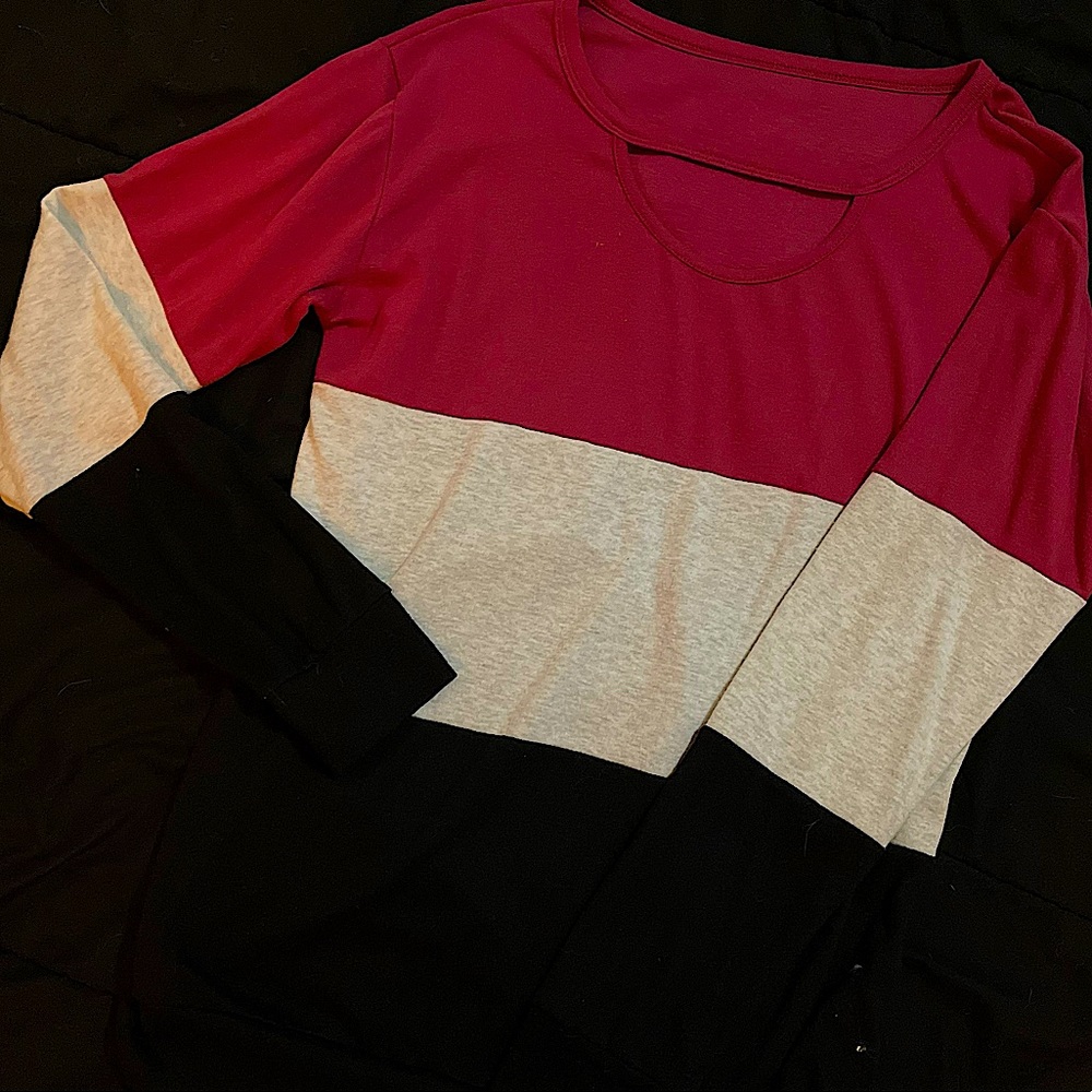 Maroon, grey + black womens shirt